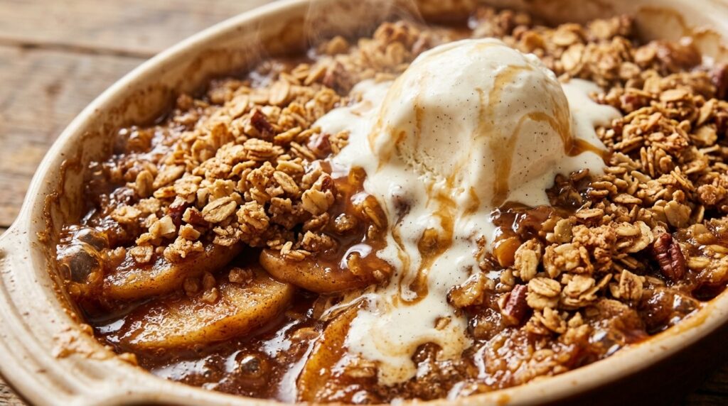 Ultra close-up macro of bubbling warm brown butter apple crisp with oat pecan crumble and melting vanilla ice cream