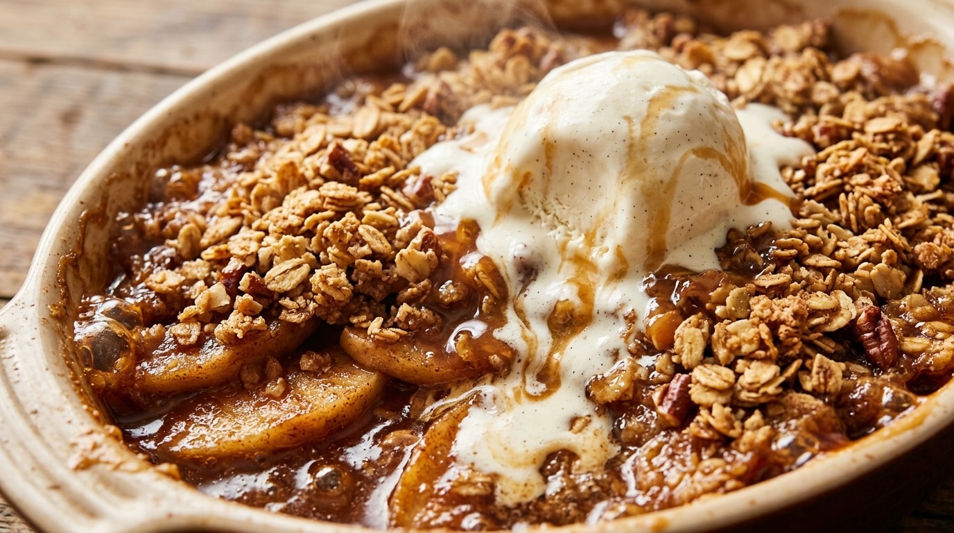 Ultra close-up macro of bubbling warm brown butter apple crisp with oat pecan crumble and melting vanilla ice cream