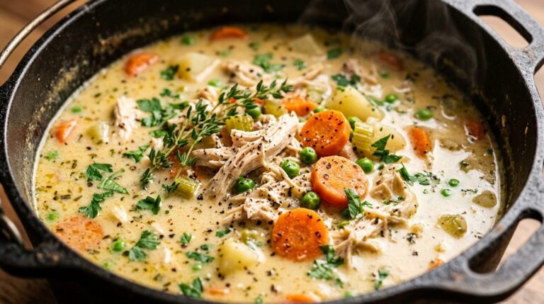 Ultra close-up macro of creamy chicken pot pie soup in a heavy rustic cast iron Dutch oven with shredded chicken, carrots, and sweet peas