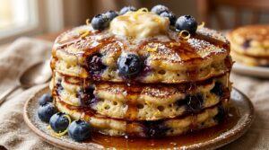 Ultra close-up macro of a towering stack of fluffy lemon ricotta blueberry pancakes with melting butter and maple syrup