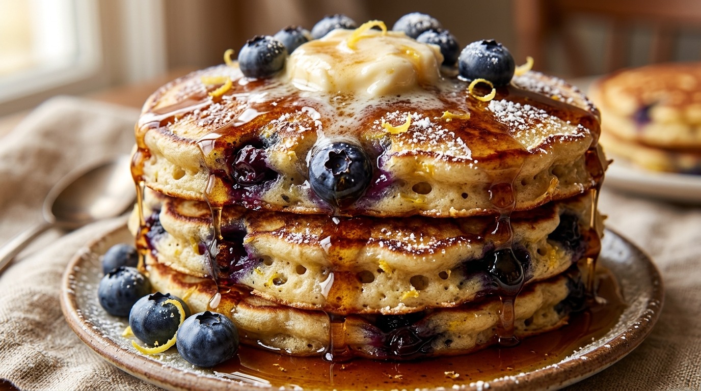 Ultra close-up macro of a towering stack of fluffy lemon ricotta blueberry pancakes with melting butter and maple syrup