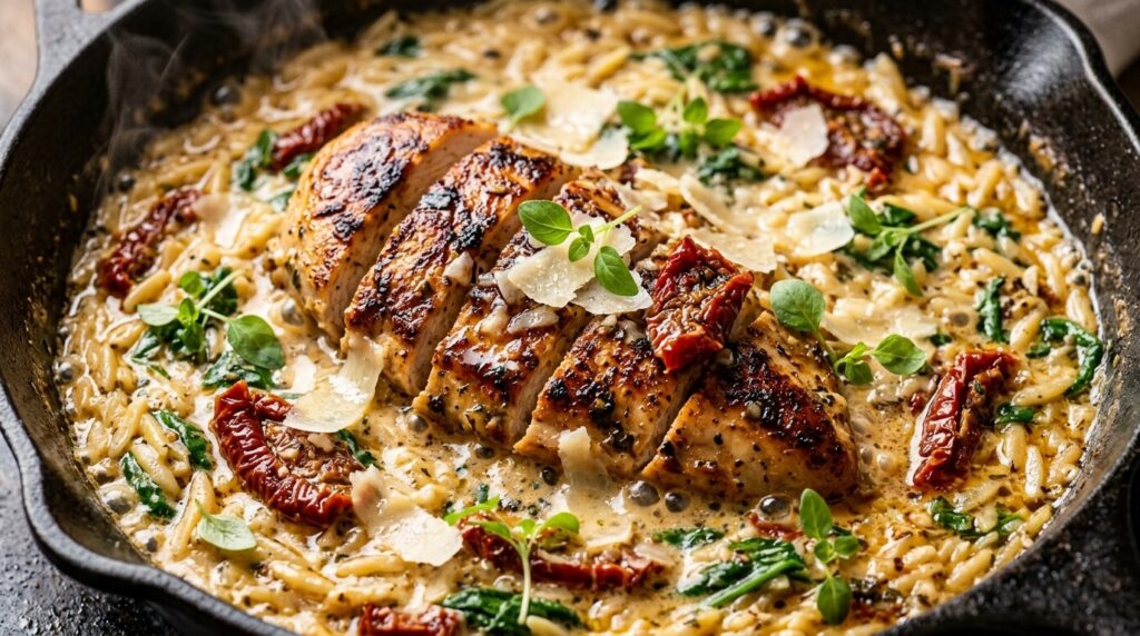 Ultra close-up macro of creamy tuscan garlic chicken and orzo in a sizzling skillet with sun-dried tomatoes, spinach, and shaved parmesan