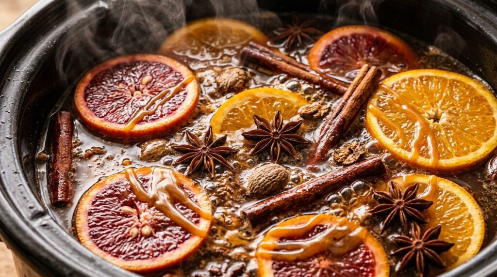 Ultra close-up macro of bubbling hot spiced caramel apple cider with floating orange slices, cinnamon sticks, star anise, and caramel swirls