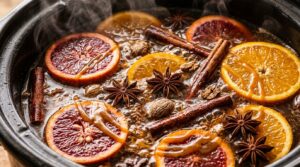 Ultra close-up macro of bubbling hot spiced caramel apple cider with floating orange slices, cinnamon sticks, star anise, and caramel swirls