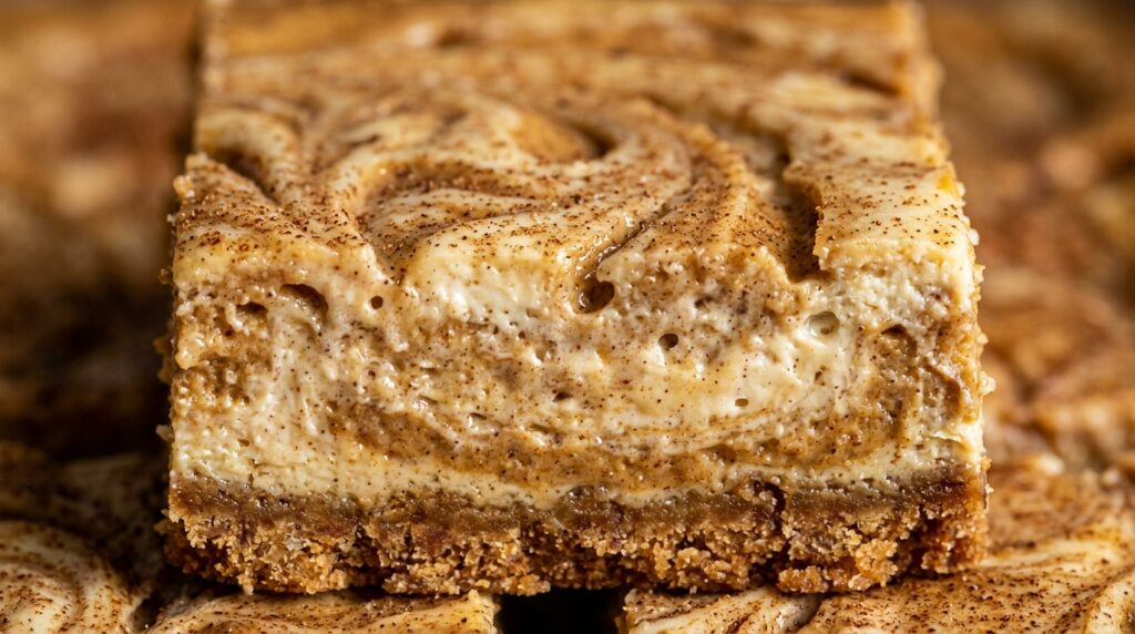 Creamy spiced pumpkin cheesecake bars with golden graham cracker crust