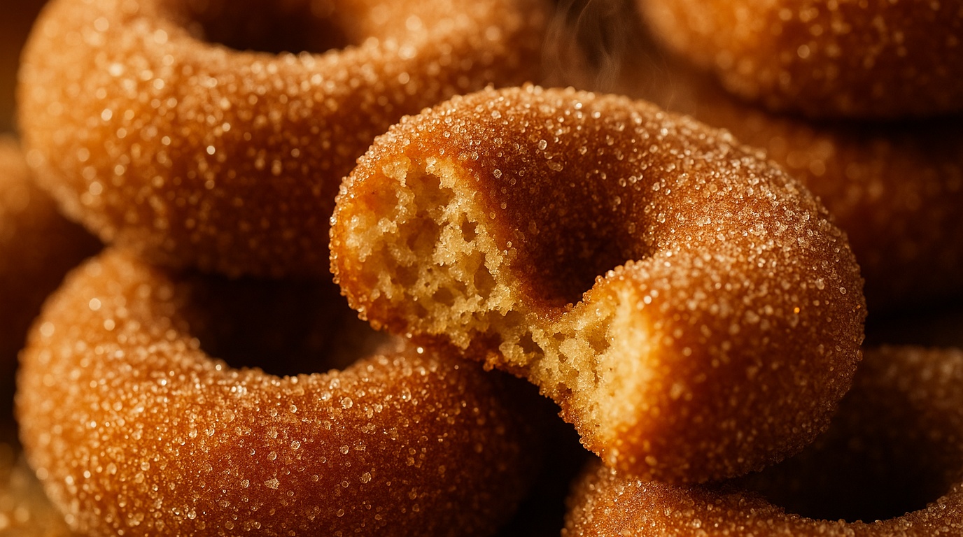 Ultra close-up macro of freshly baked cinnamon sugar apple cider donuts with soft spiced crumb