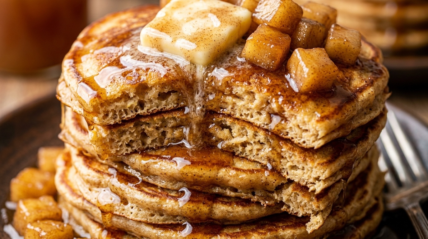 Ultra close-up macro of a tall stack of fluffy spiced apple cider pancakes with melting butter and maple syrup