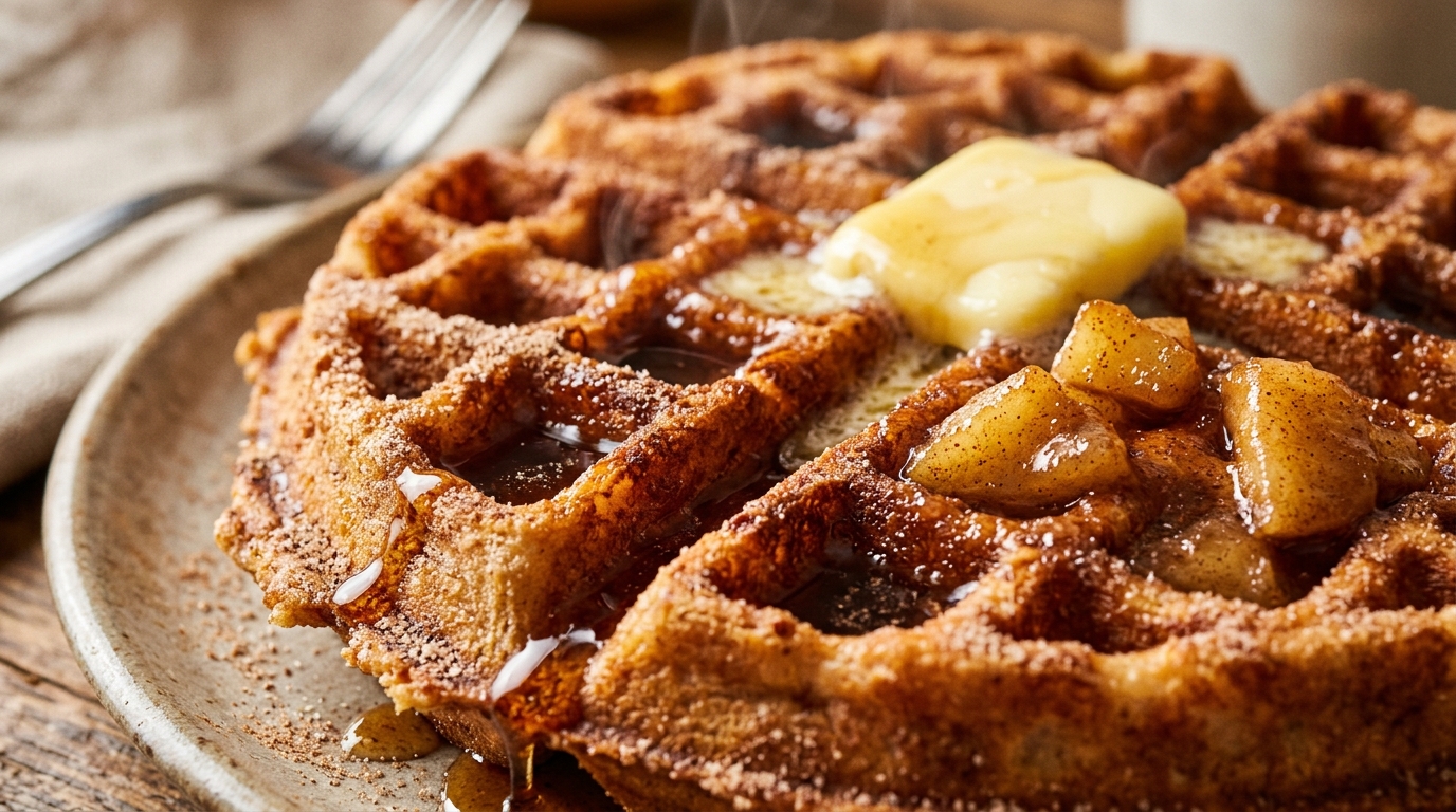 Ultra close-up macro of crispy golden Belgian waffles topped with warm caramelized spiced apples and dripping maple syrup