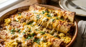 Ultra close-up macro of bubbling melted cheese over breakfast enchilada casserole