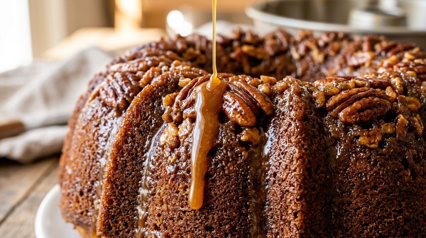 Ultra close-up macro of glossy warm caramel glaze dripping over toasted pecans on bundt cake
