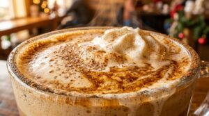 Ultra close-up macro of warm spiced vanilla chai eggnog latte with frothy eggnog and cinnamon dusting