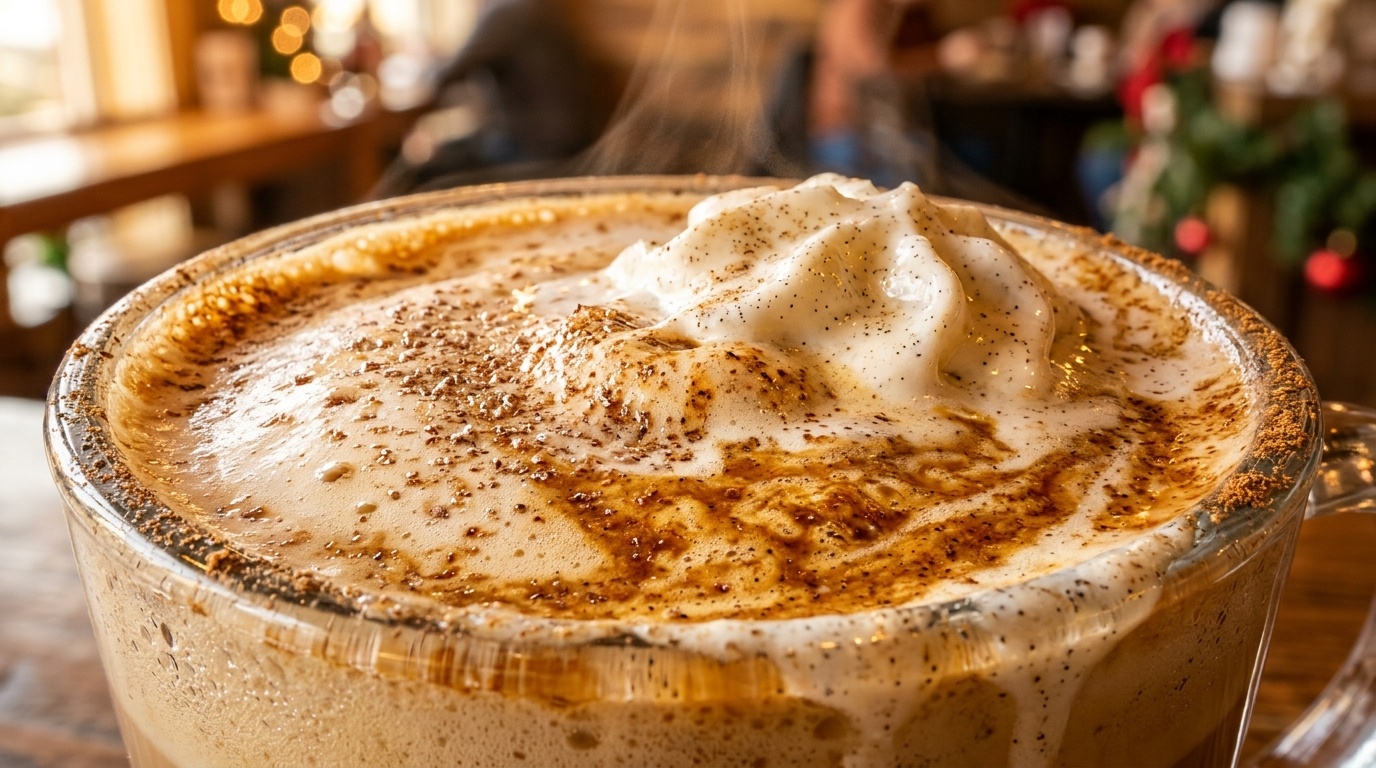Ultra close-up macro of warm spiced vanilla chai eggnog latte with frothy eggnog and cinnamon dusting