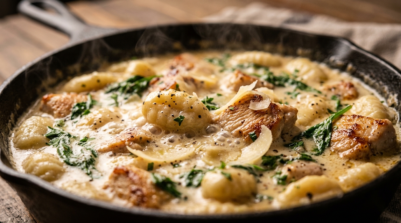 Ultra close-up macro of creamy garlic parmesan chicken gnocchi in skillet with melted parmesan and baby spinach