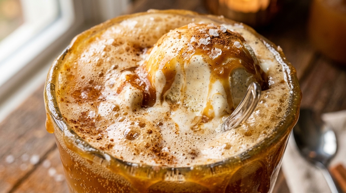 Ultra close-up macro of salted caramel apple cider ice cream float with foaming fizz and caramel drizzle