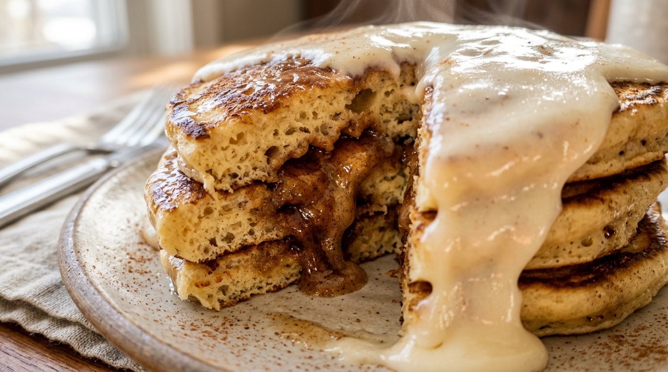 Ultra close-up macro of fluffy cinnamon roll buttermilk pancakes with cream cheese glaze