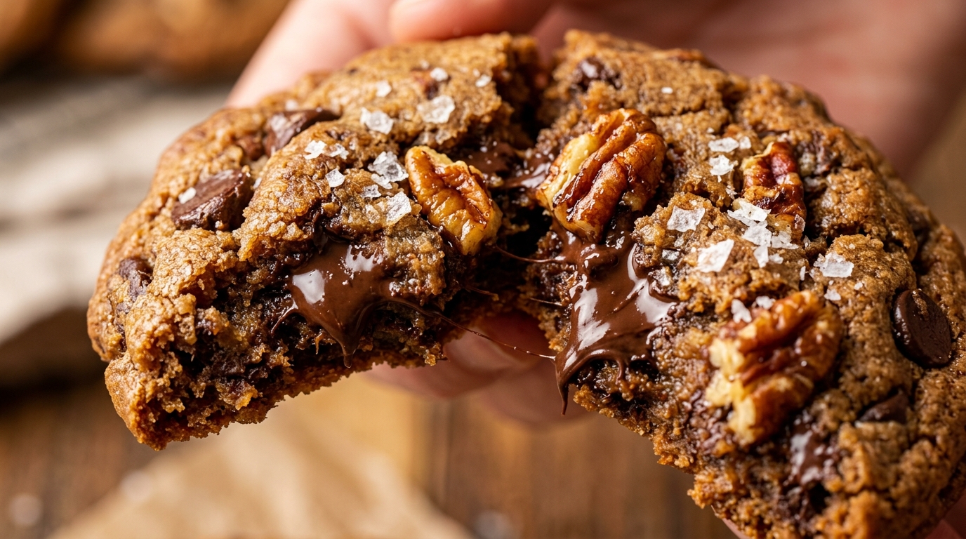 Chewy brown butter pecan chocolate chip cookies breaking open with melted dark chocolate puddles