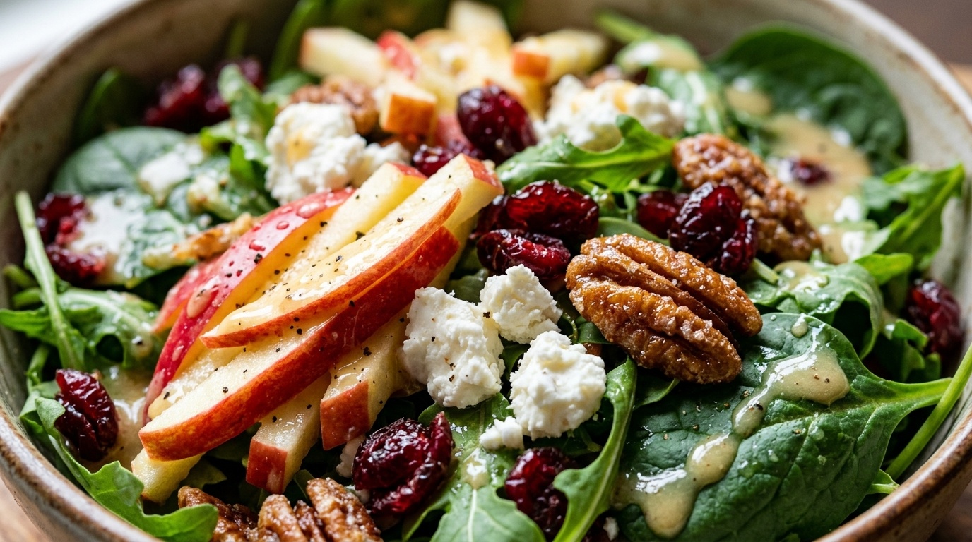 Ultra close-up macro of autumn harvest honeycrisp apple salad with candied pecans, goat cheese, cranberries, and maple cider vinaigrette