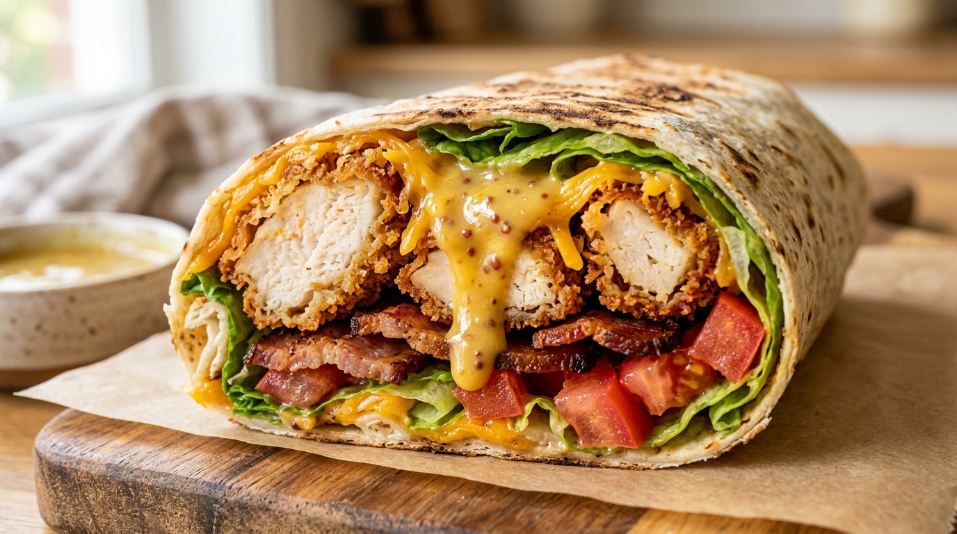 Ultra close-up macro of crispy honey mustard chicken wrap cut in half with bacon, cheddar, and honey mustard drip