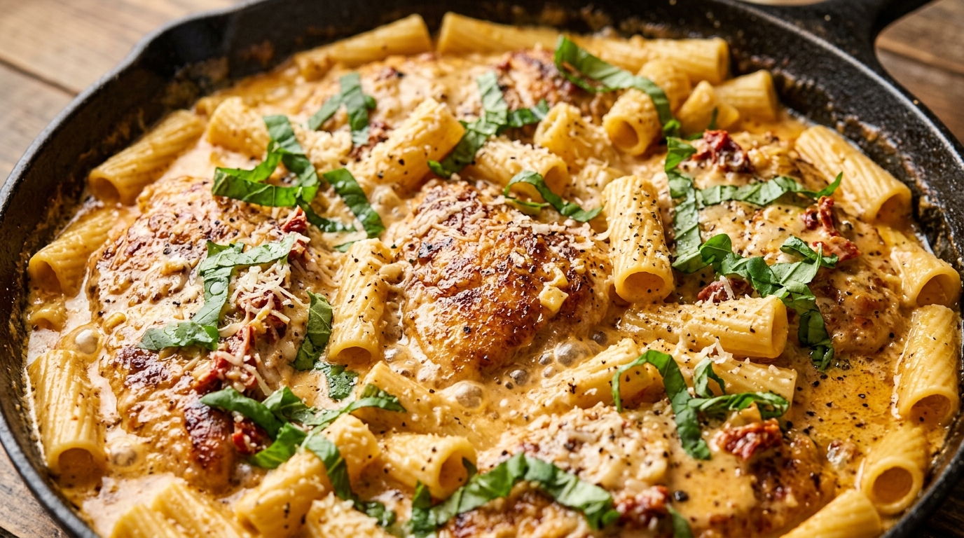 Creamy marry me chicken rigatoni pasta simmering in a cast iron skillet