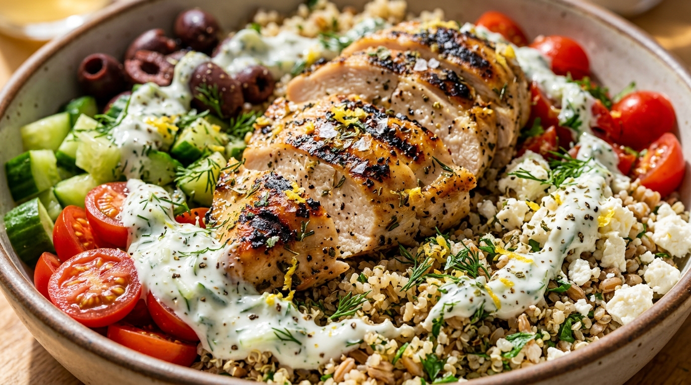 Mediterranean lemon herb chicken grain bowl with quinoa, feta, cucumbers, and tzatziki