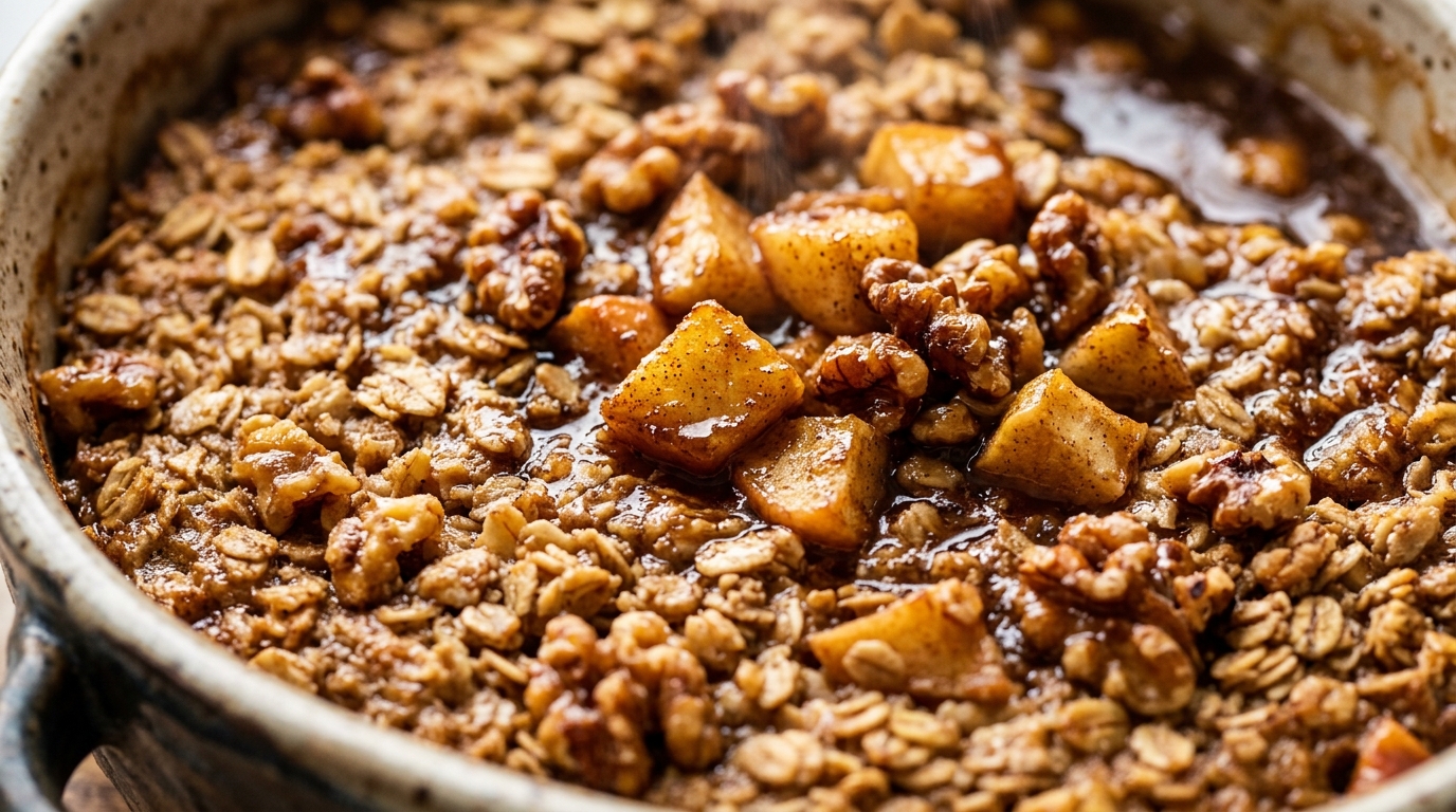 Cozy apple cinnamon baked oatmeal bubbling in a ceramic casserole dish