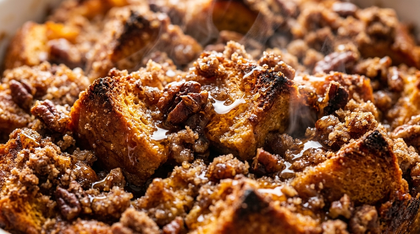 Ultra close-up macro of cinnamon streusel pumpkin baked french toast casserole with maple syrup drizzle
