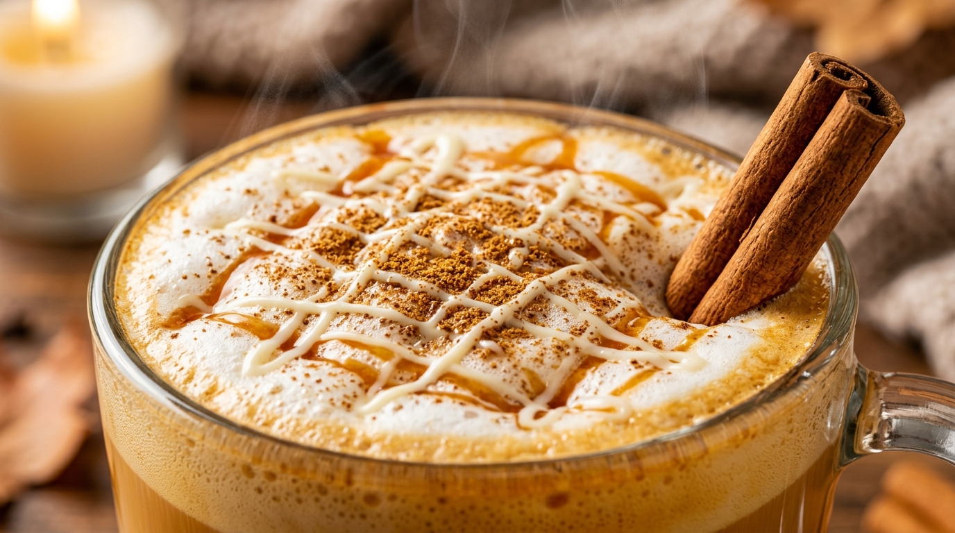 Ultra close-up macro of warm spiced white chocolate pumpkin latte in glass mug with frothed foam and cinnamon stick