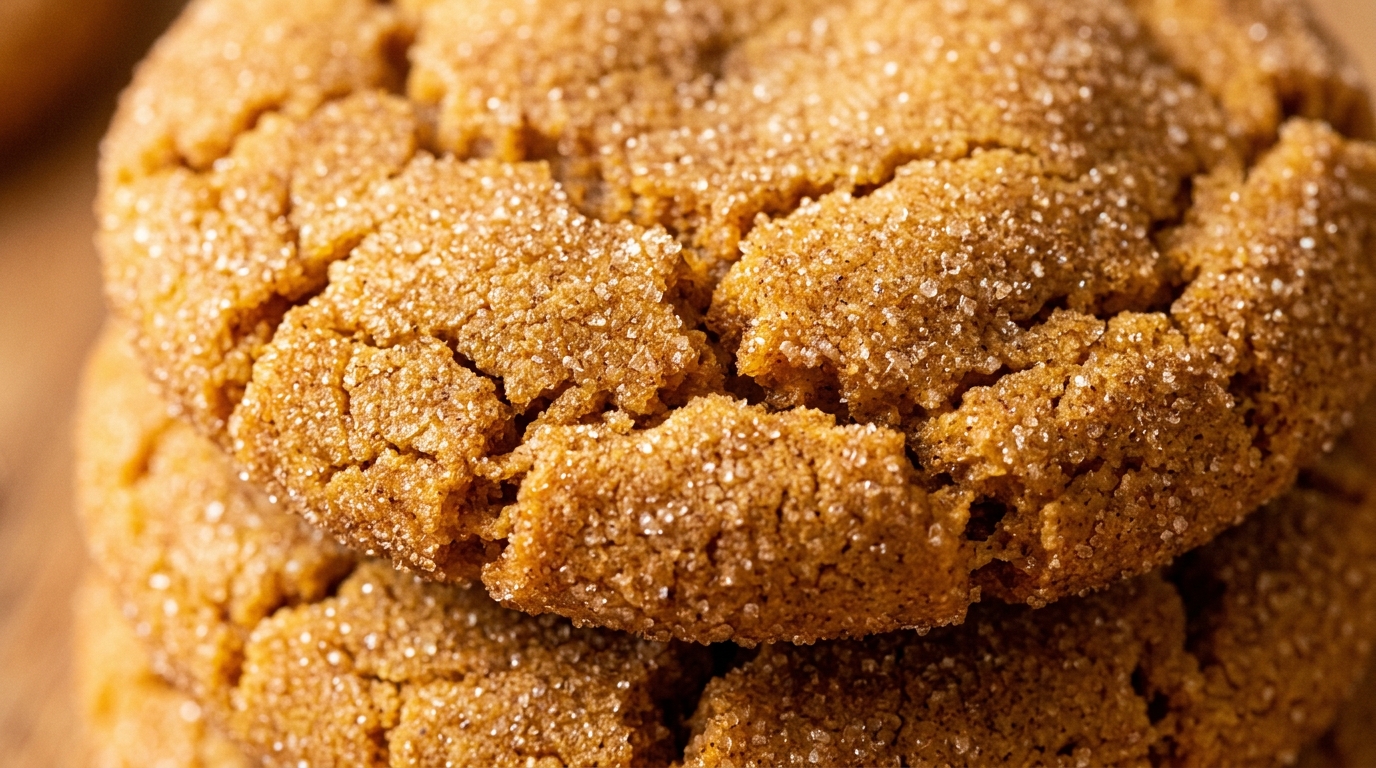 Ultra close-up macro of soft chewy spiced pumpkin snickerdoodle cookies coated in shimmering cinnamon sugar crystals
