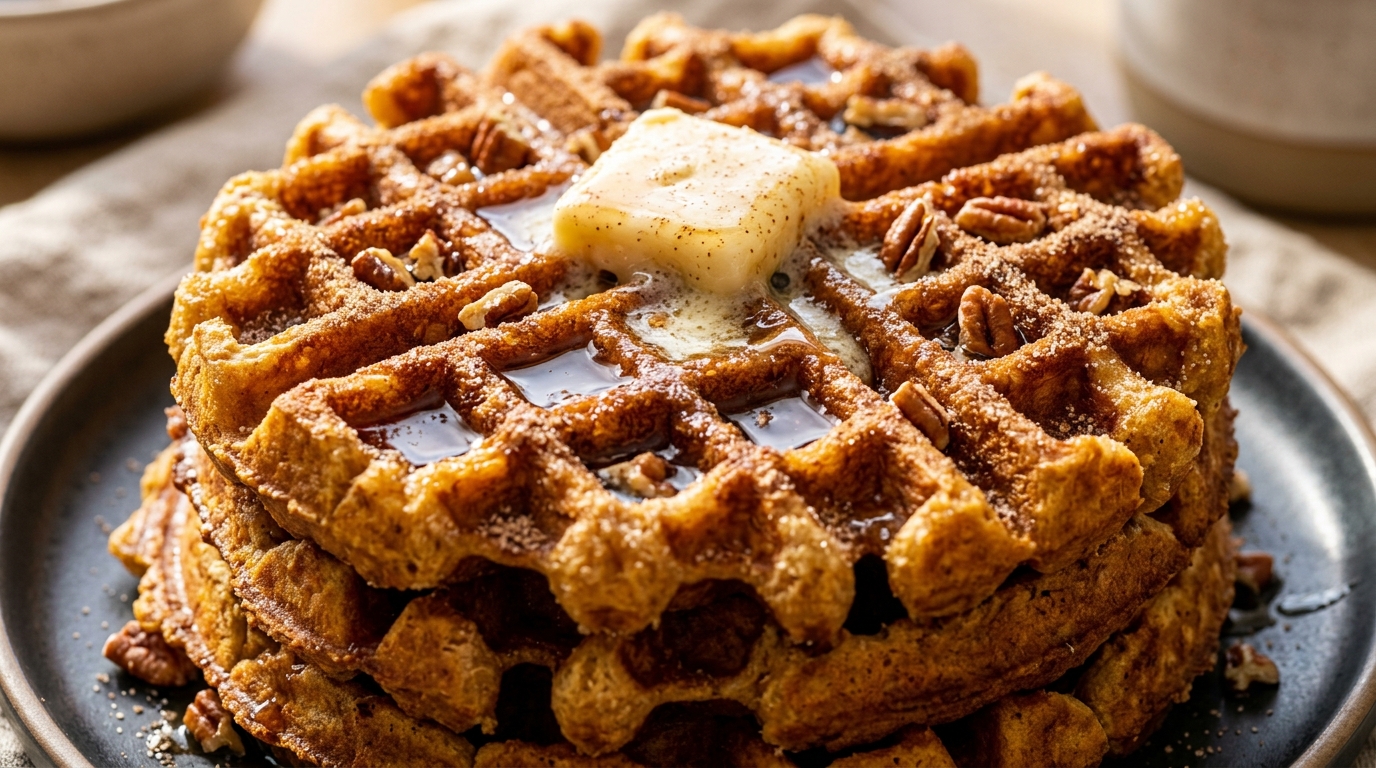 Golden-brown crisp Belgian pumpkin spice waffles stacked high with maple syrup and pecans
