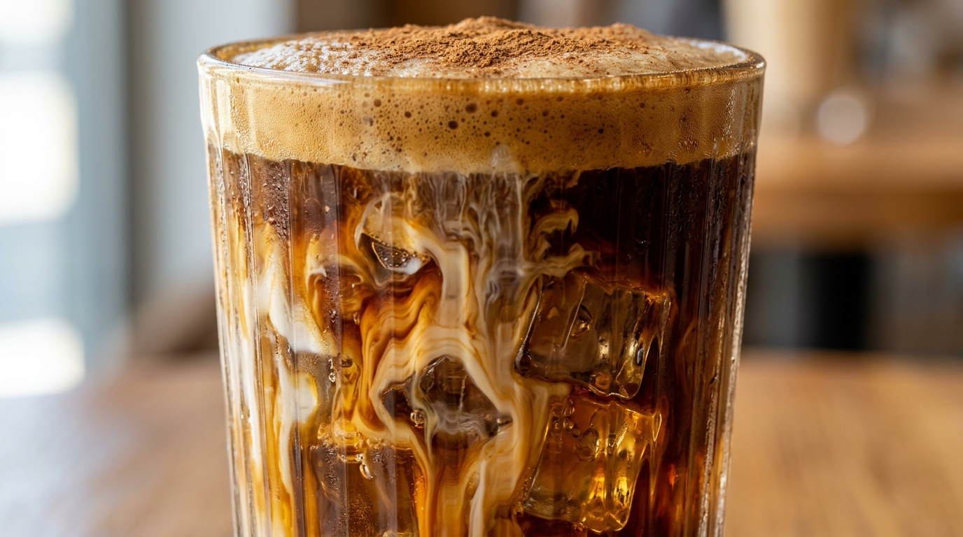 Iced brown sugar shaken espresso with cascading oat milk and frothy cinnamon crema