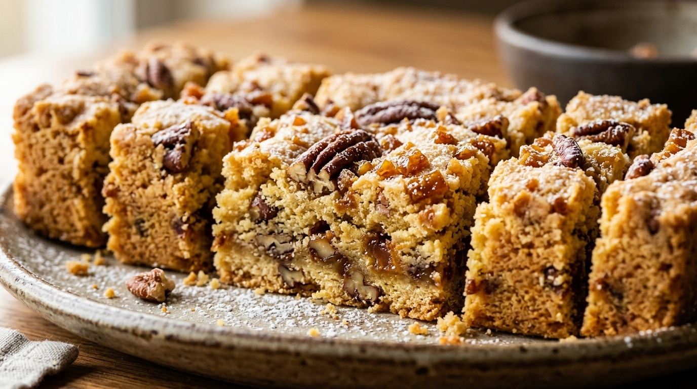 Ultra close-up macro of sliced brown butter pecan toffee shortbread bars with roasted pecans and glistening toffee bits
