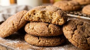 Ultra close-up macro of soft spiced apple cider snickerdoodles with crinkled cinnamon sugar crust