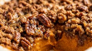 Loaded sweet potato casserole with crunchy brown sugar pecan streusel