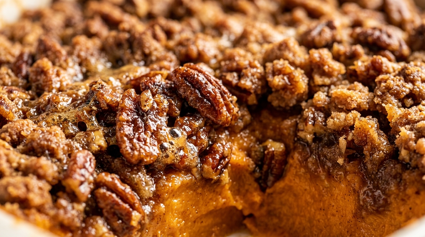Loaded sweet potato casserole with crunchy brown sugar pecan streusel