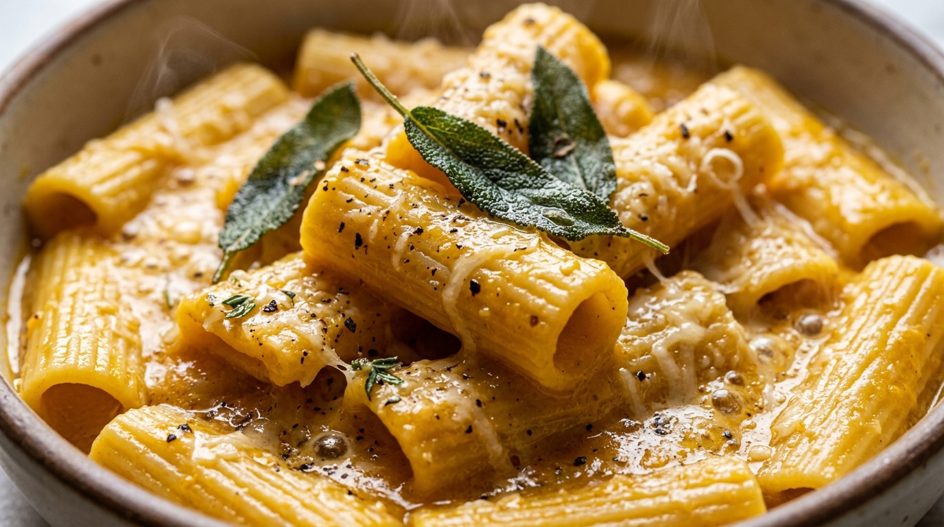Ultra close-up macro of creamy garlic butternut squash pasta with melted parmesan and crispy fried sage leaves