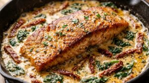 Ultra close-up macro of creamy garlic butter Tuscan salmon with sun-dried tomatoes and spinach
