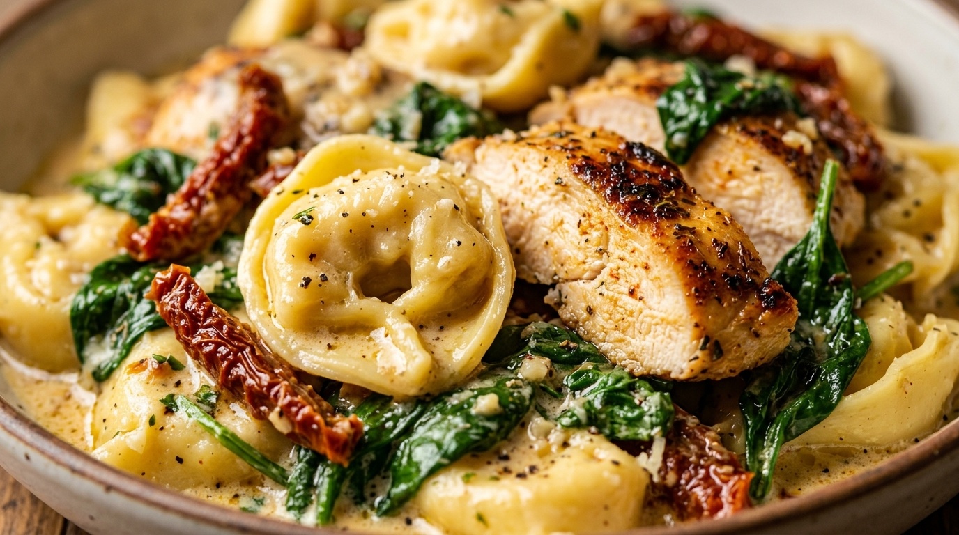 Ultra close-up macro of creamy Tuscan garlic chicken tortellini with sun-dried tomatoes and spinach