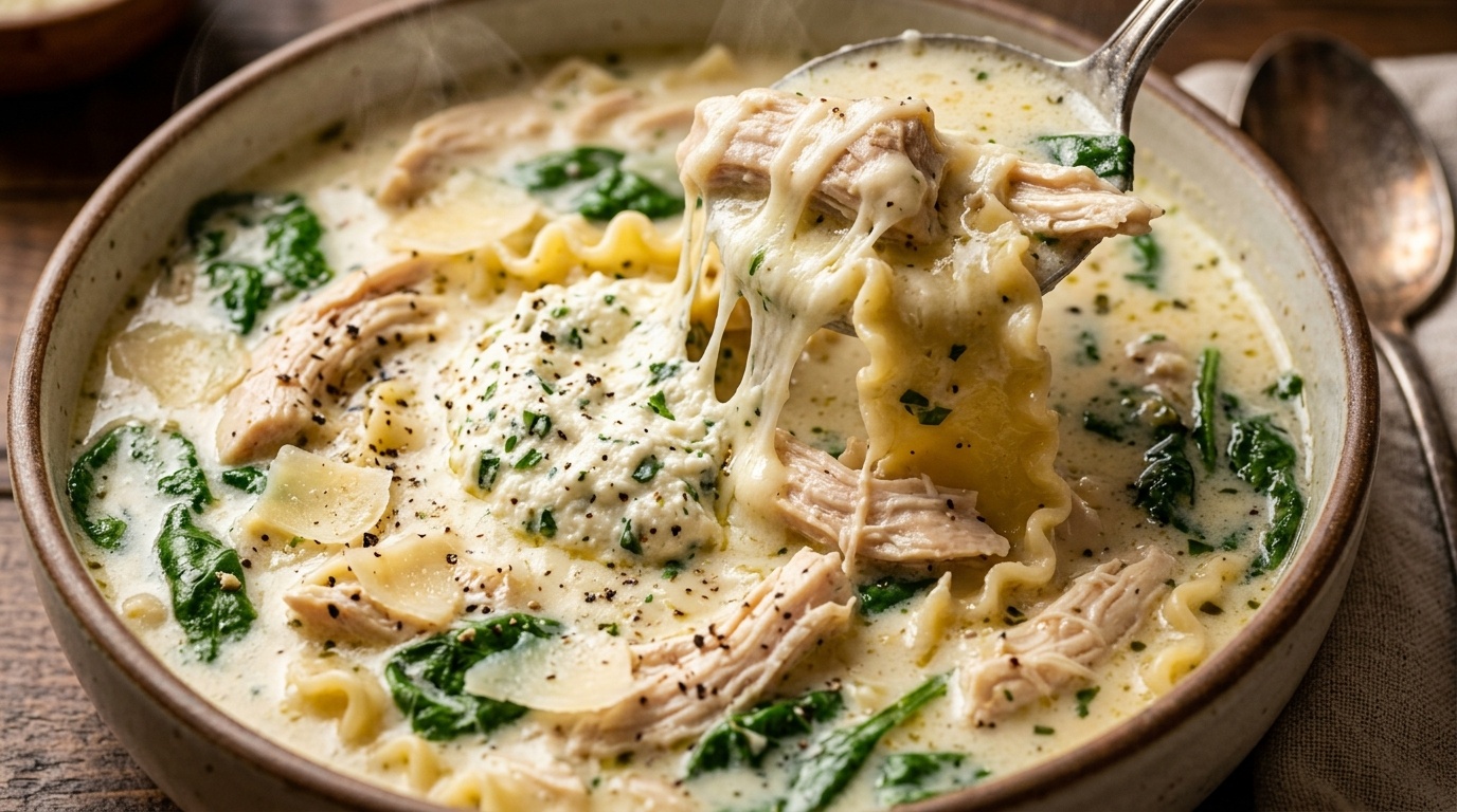 Ultra close-up macro of creamy white chicken lasagna soup with broken noodles and melted ricotta