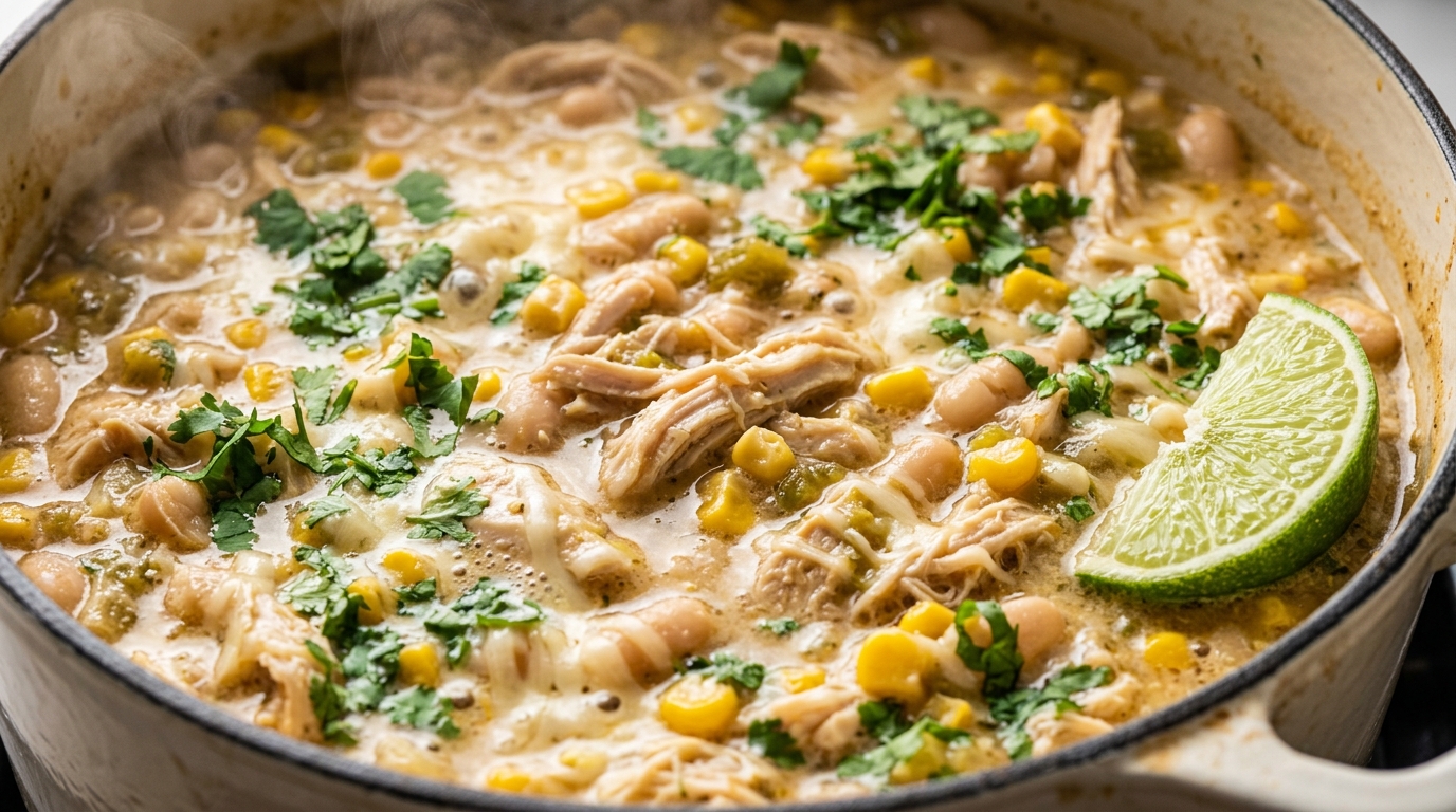 Creamy white chicken chili bubbling in Dutch oven with Monterey Jack cheese, corn, and lime