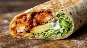 Crispy buffalo chicken avocado wrap sliced on wooden board